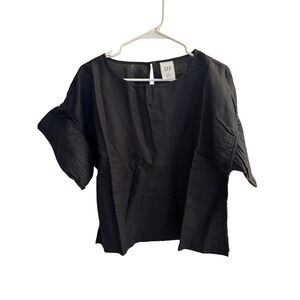 Gap Blouse Womens Large Black Linen Cotton Pintuck Flutter Sleeve Top